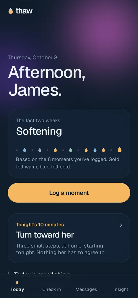 Thaw Today screen showing a Softening trend from logged moments and a Log a moment button
