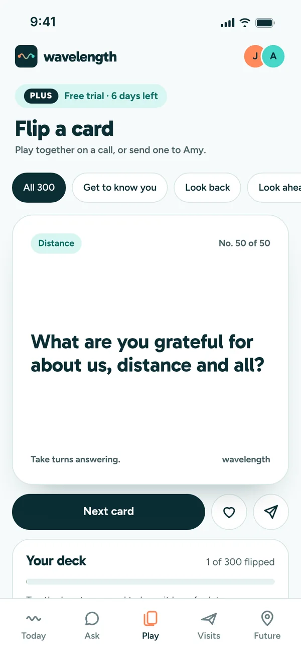 Wavelength card game showing a question from the Distance set